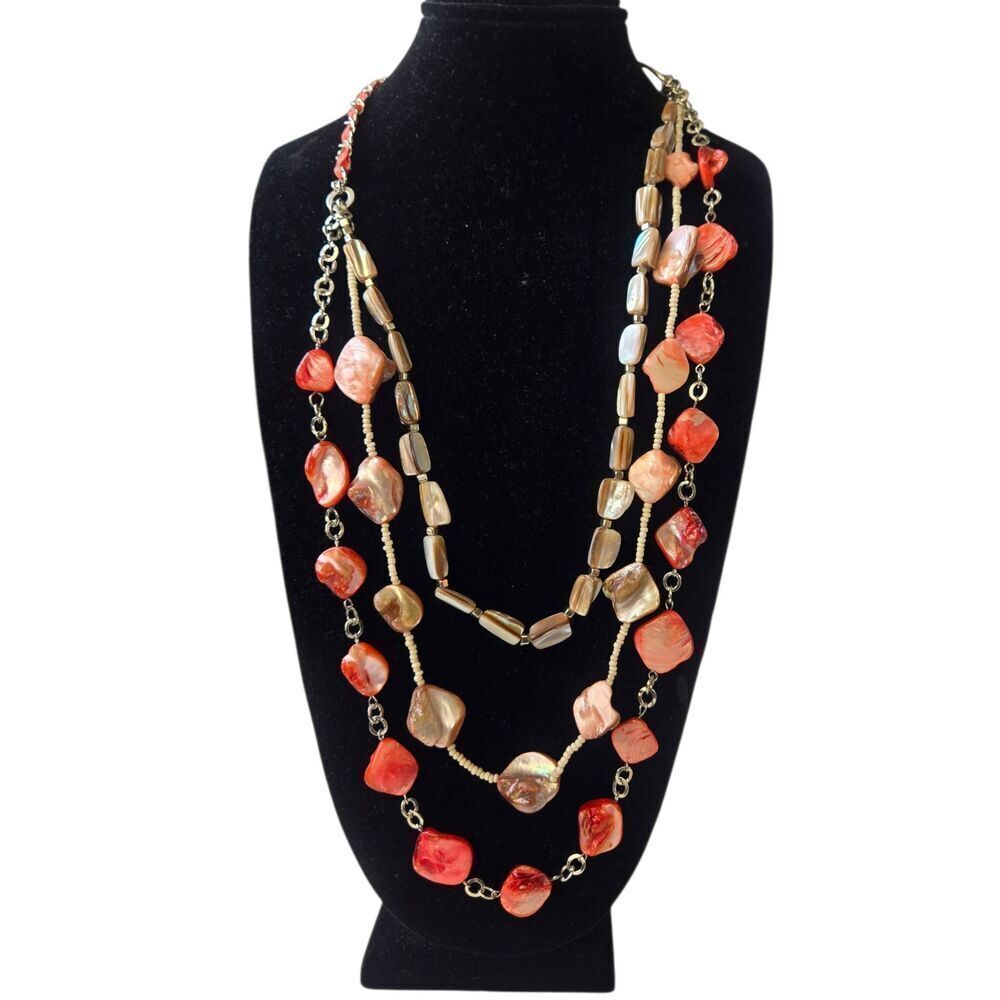 NY & Co Women's Vintage Set Peach/Pink Triple Strand Necklace And Bracelet